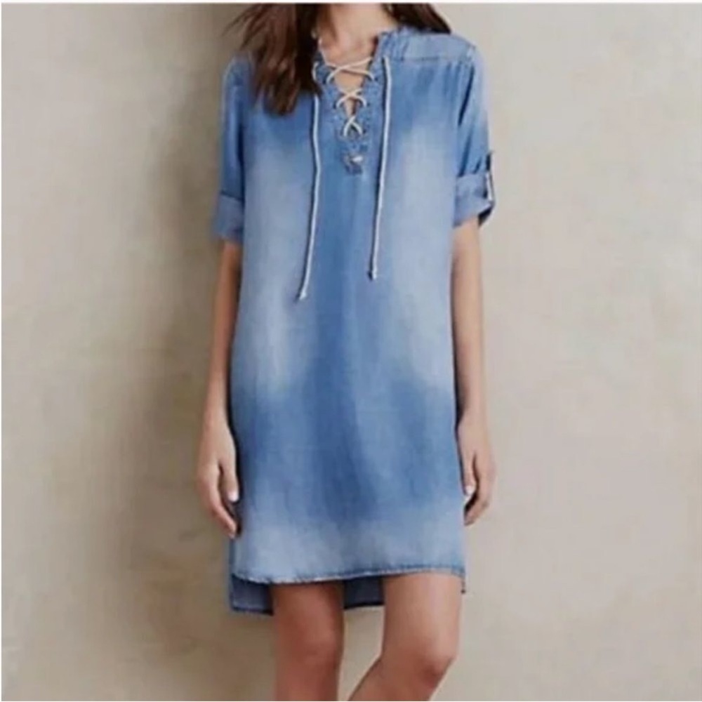 Cloth & Stone Anthropologie blue denim long-sleeved chambray lace-up shirt dress